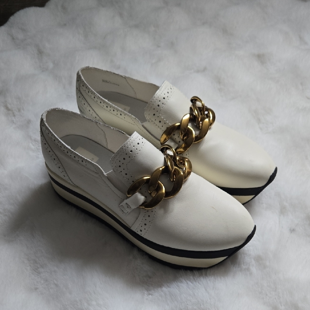 Women's White Platform Loafers with Gold Chain
